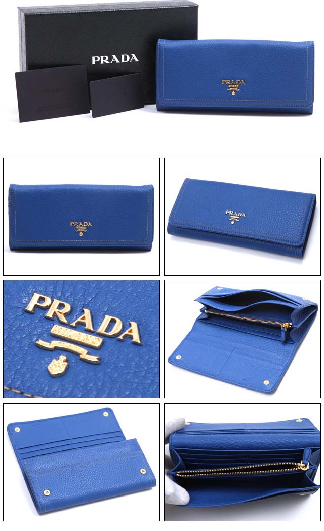 2013年春夏新入荷プラダコピー メタルロゴ型押しレザー2つ折り長財布（ブルー） 1M1132 VITELLO DAINO AZZURRO