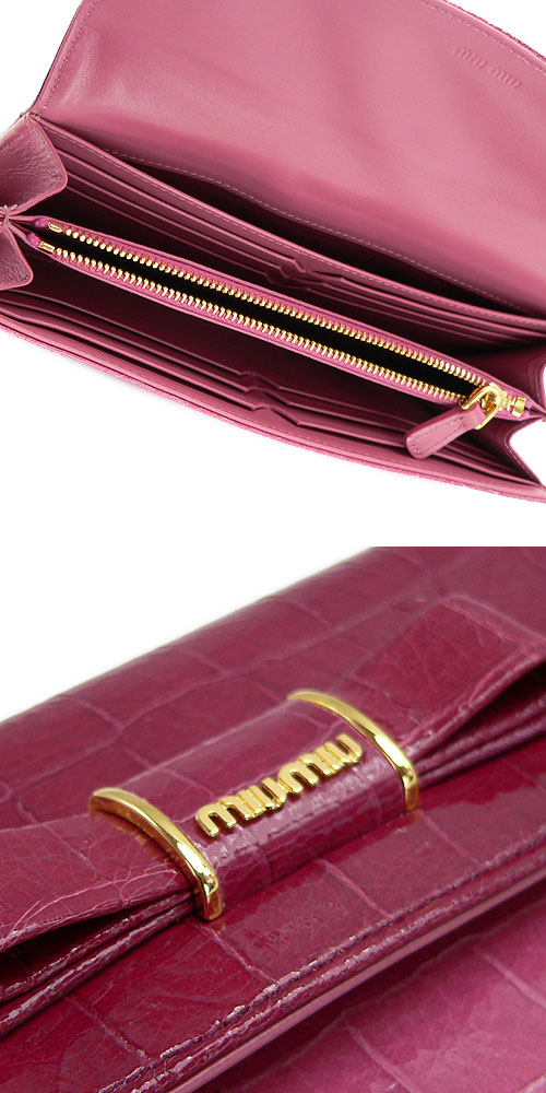 ミュウミュウコピー財布 二つ折りフラップ リボン クロコダイル型押しレザー アザレア+ピンク 5M1109