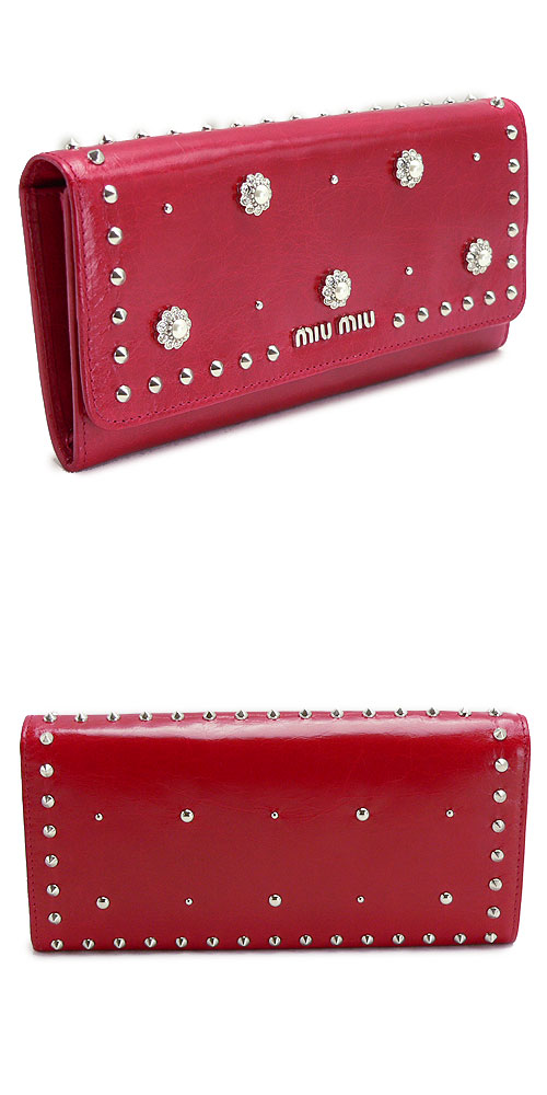 ミュウミュウコピー財布 二つ折りフラップスタッズ ビジュー レザー ロッソ/レッド 5M1109