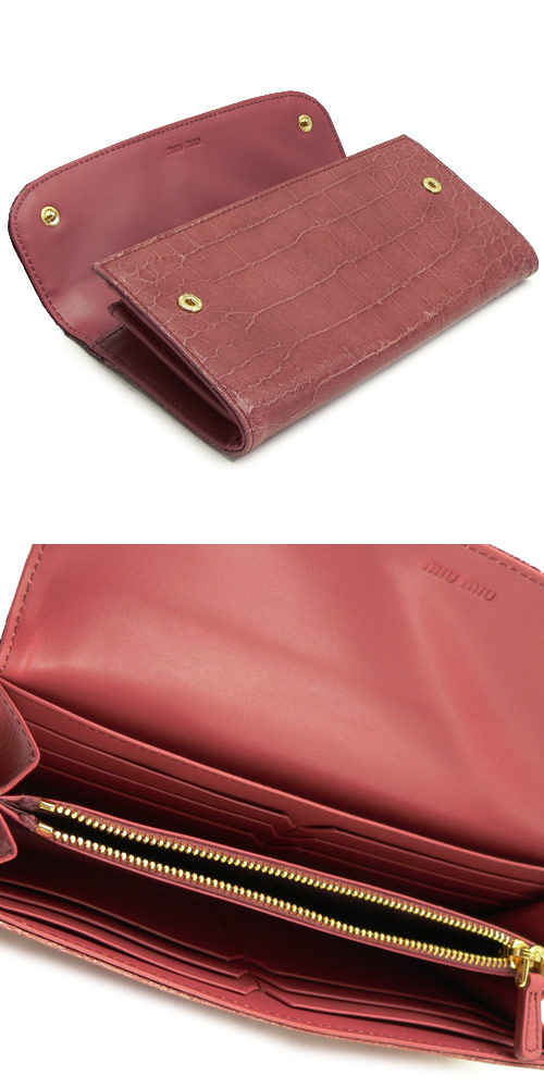 2013年春夏新作 ミュウミュウコピー 財布 二つ折りリボン クロコダイル調 バイカラー レザー ルビーノ×アンティコ 5M1109