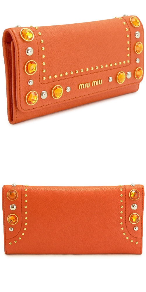 ミュウミュウコピー 財布 二つ折りマドラスクリスタル レザー パパヤ 5M1109