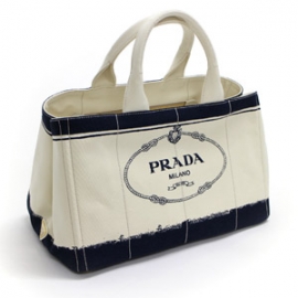 2013年春夏新入荷 PRADA／プラダコピー デニムライン入り・キャンバストートバッグ（アイボリー×バルティコブルー) BN1872 CANAPA GREZZO+BALTICO