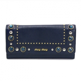 ミュウミュウコピー  財布 二つ折りスタッズ クリスタル ビジュー レザー ダークブルー 5M110