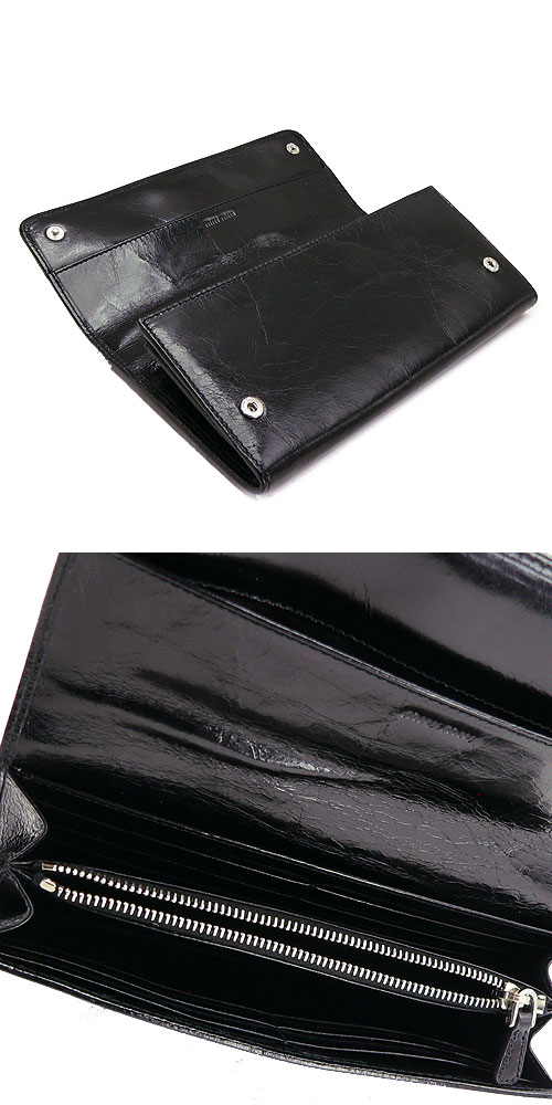 ミュウミュウコピー 財布 二つ折りフラップスタッズ ビジュー レザー ブラック 5M1109
